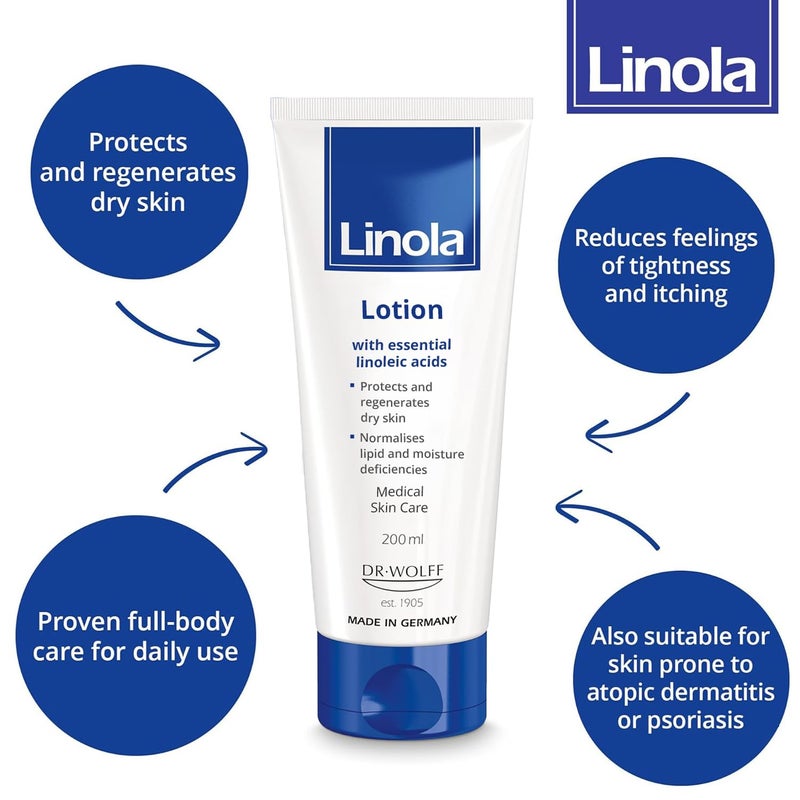 Linola Lotion - Body Lotion with Essential Linoleic Acids - for the Daily Care of Dry & Stressed Skin - Protects & Regenerates Dry Skin - Made in Germany - Vegan - 200 ml (6.8 Fl Oz) - Image 3